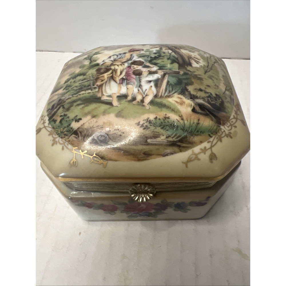 Vintage R S Prussia Domed  Porcelain Dresser Box Hand Painted Scene. 4"x4"